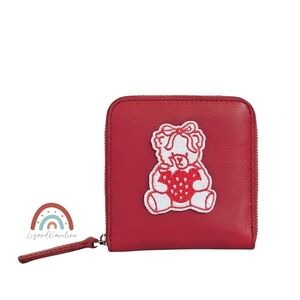 New! Madewell The Essential Zip Leather Wallet with Embroidered Bear Strawberry